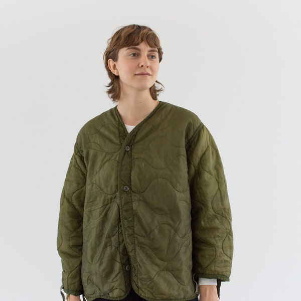 Vintage Green Liner Jacket | Unisex Wavy Quilted Nylon Coat | L | LI157