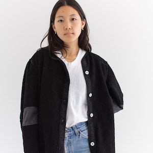 Vintage Black Overdye Pile Liner Jacket | Unisex 50s Terry Cloth Texture Coat | Silky | S M L |