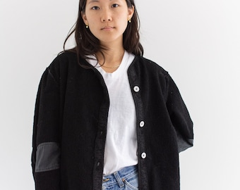 Vintage Black Overdye Pile Liner Jacket | Unisex 50s Terry Cloth Texture Coat | Silky | S M L |