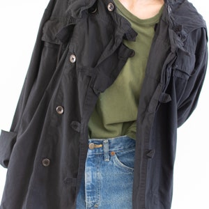 Vintage Black Hood Jacket Unisex Smock Drawstring Layer Overdye Cotton Snow Swing Coat L XL image 2
