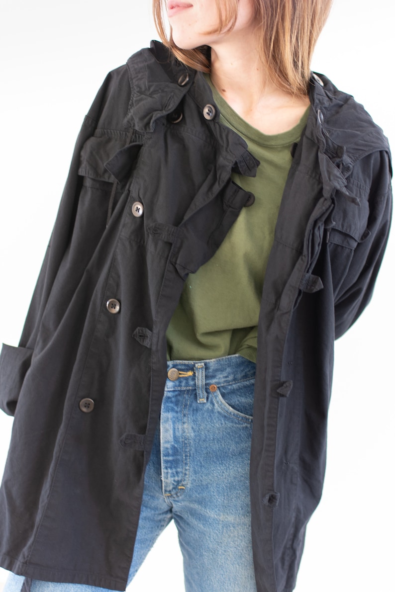 Vintage Black Hood Jacket Unisex Smock Drawstring Layer Overdye Cotton Snow Swing Coat L XL image 2