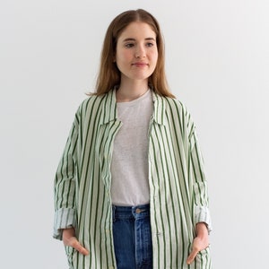 Vintage Green White Striped Shirt Jacket Unisex Flannel Stripe Cotton
