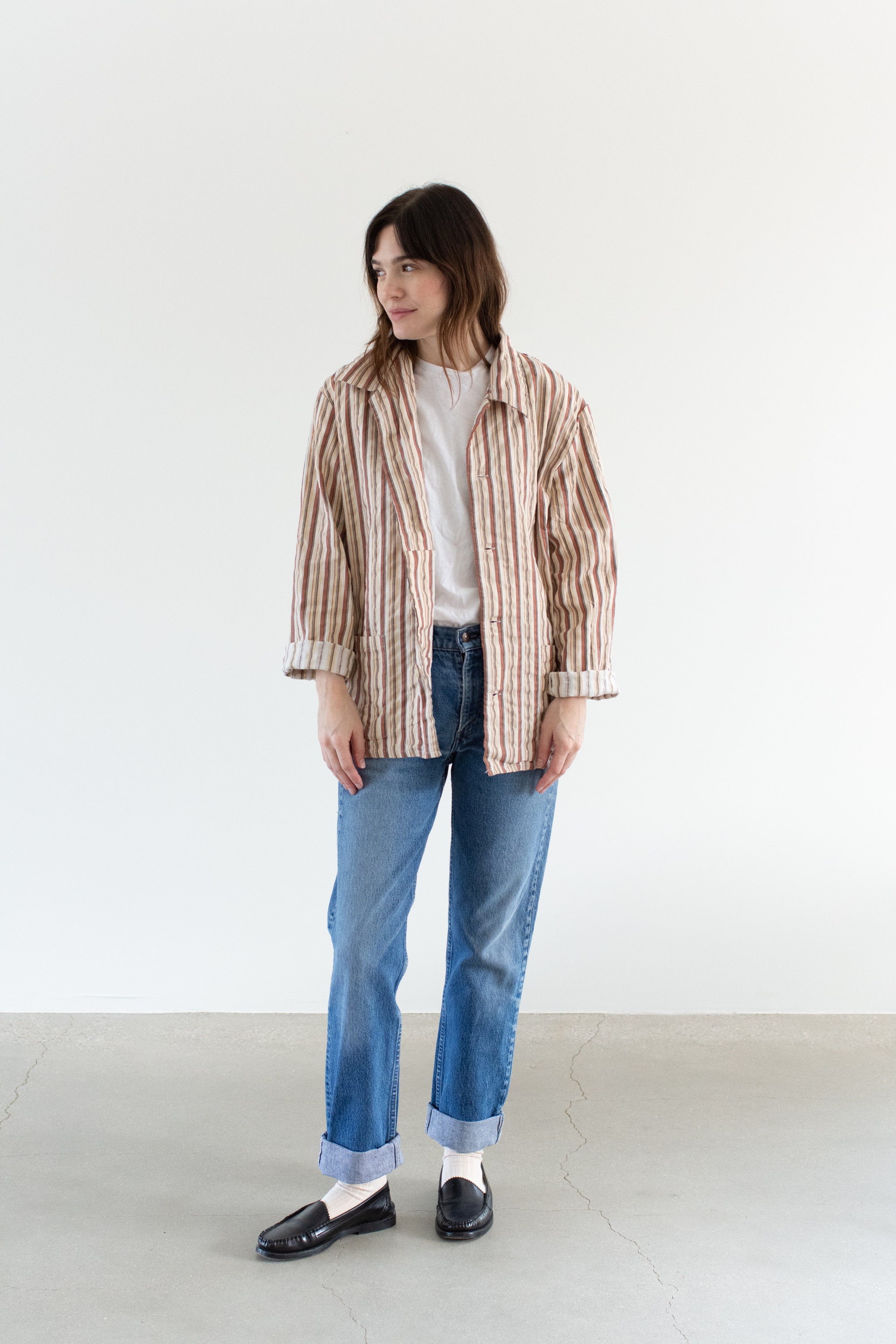 Vintage Tan Orange White Striped Shirt Jacket | Unisex