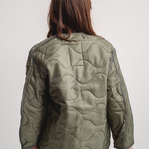 Vintage Slate Green Liner Jacket Unisex Sage Wavy Quilted Nylon Coat S image 4