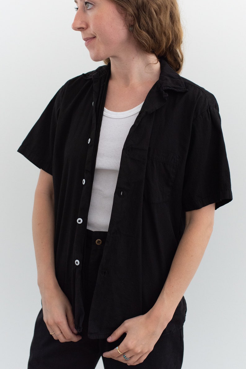 Vintage Black Short Sleeve Loop Collar Shirt Simple Overdye Cotton Work Blouse XS S M XL image 3