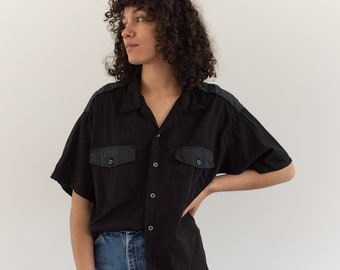 Vintage Black and Forest Green Short Sleeve Shirt | Contrast Thread Simple Cotton Work Blouse | XS S M L XL |