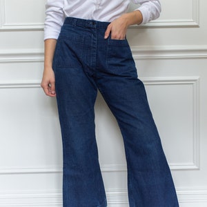 Vintage 29 Waist Flare Jean | 70s Bell Bottom Kick Flares | Cotton Nautical Birkin Sailor | FL041