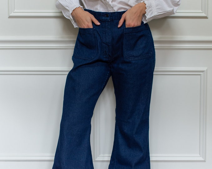 Vintage 29 31 33 Waist Flare Jean | 70s Bell Bottom Blue Kick Flare | Nautical Birkin Sailor | FL041