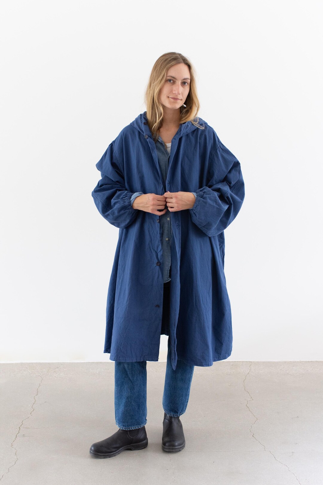 【codegraphy】Vintage Washed Cotton Hood Work Jacket Blue Vintage [workwear Blue, Black] Hood Jacket | Unisex Cotton