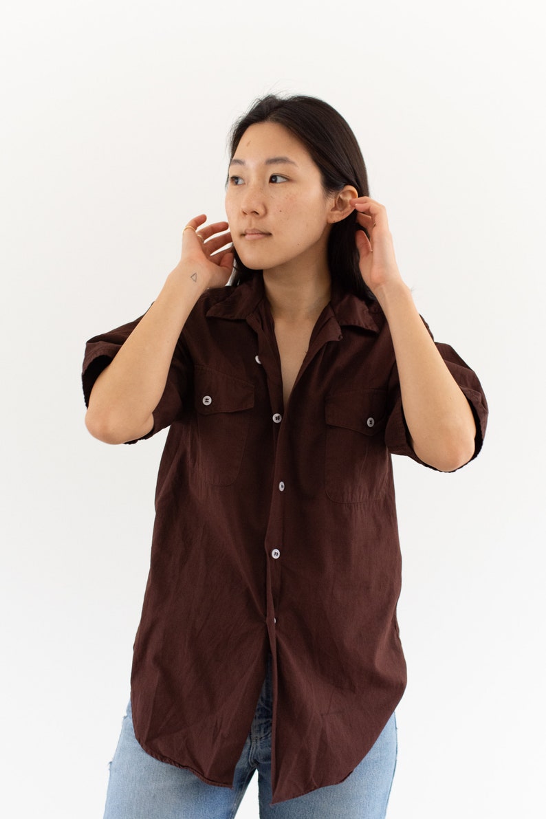 Vintage Overdye Hickory Brown Short Sleeve Shirt Flap Pocket Simple Cotton Work Blouse XS S image 3