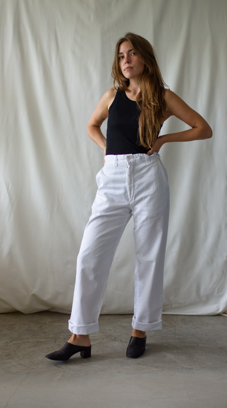 Vintage 27 28 Waist White Chino Pant Unisex High Waist 60s Cotton Chinos Made in USA Pants Zipper Fly image 2