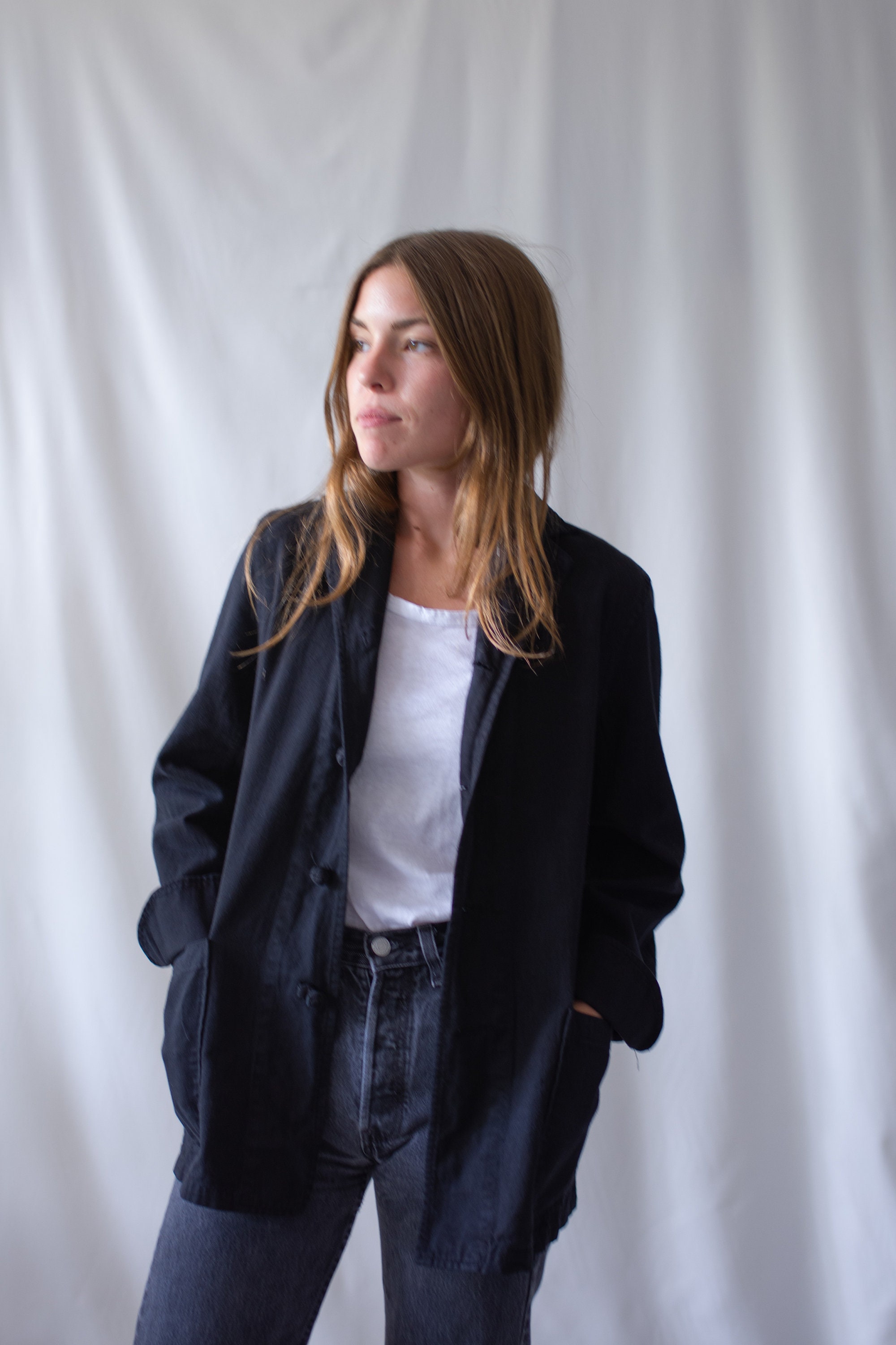 Vintage Black Knot Chore Jacket | Cotton French Workwear Style