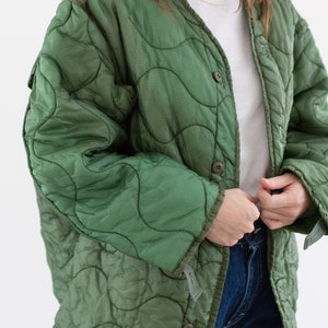 Vintage Green Liner Jacket Unisex Wavy Quilted Nylon Coat L XL LI217 image 2