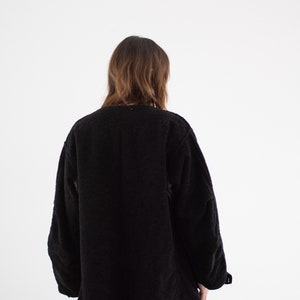 Vintage Black Overdye Pile Long Liner Jacket Unisex 50s Terry Cloth Texture Coat Silky M L XL image 8
