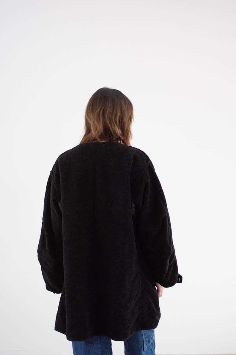Vintage Black Overdye Pile Long Liner Jacket Unisex 50s Terry Cloth Texture Coat Silky M L XL image 8