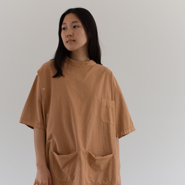 The Winslow Smock in Almond Brown | Vintage Side Snap Smock Overdye Painter Shirt | Short Sleeve Studio Tunic | Artist Smock | S M L XL