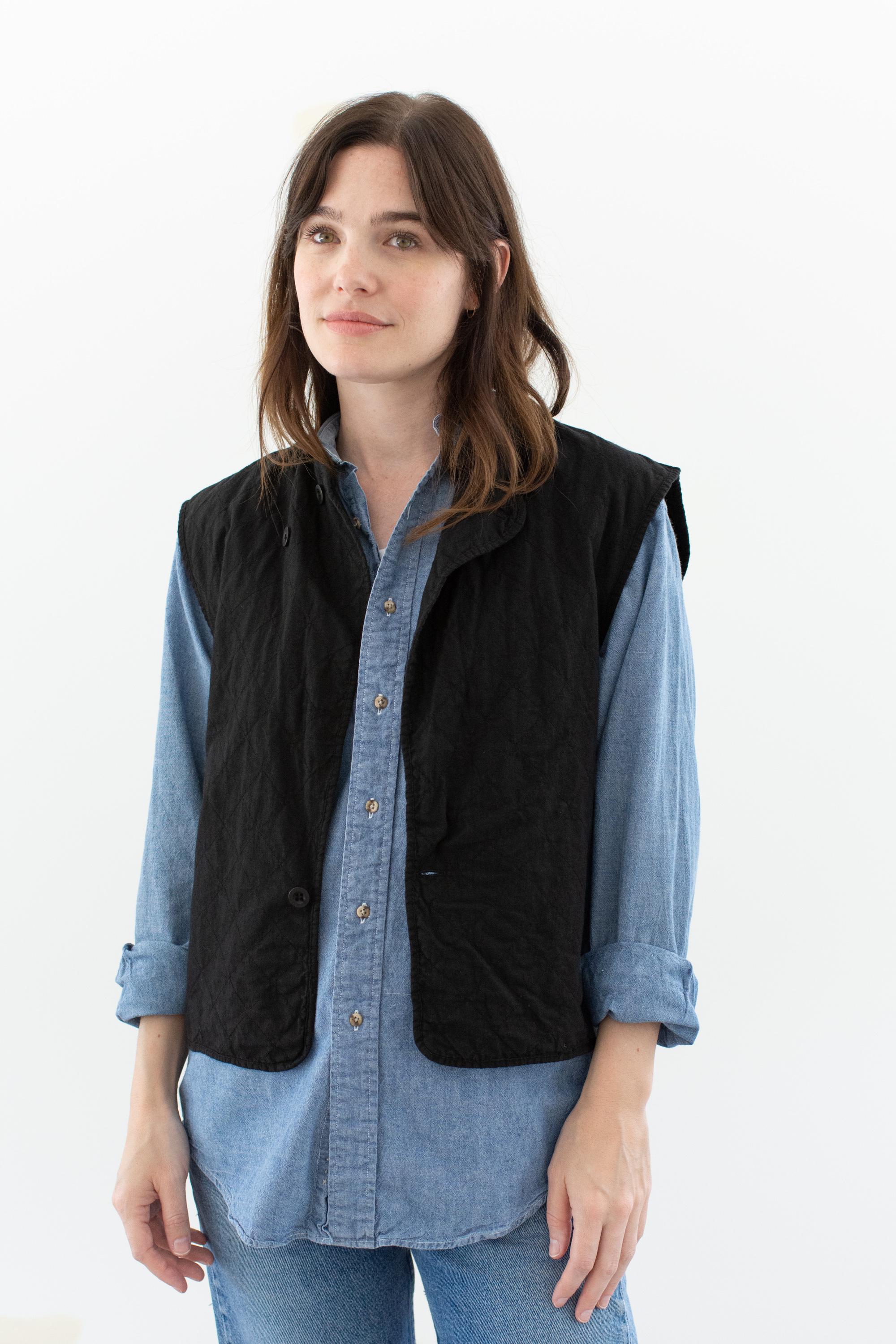 Vintage Jet Black Quilt Cotton Vest | Unisex 50s Lightweight Diamond Quilted Layer | M L |