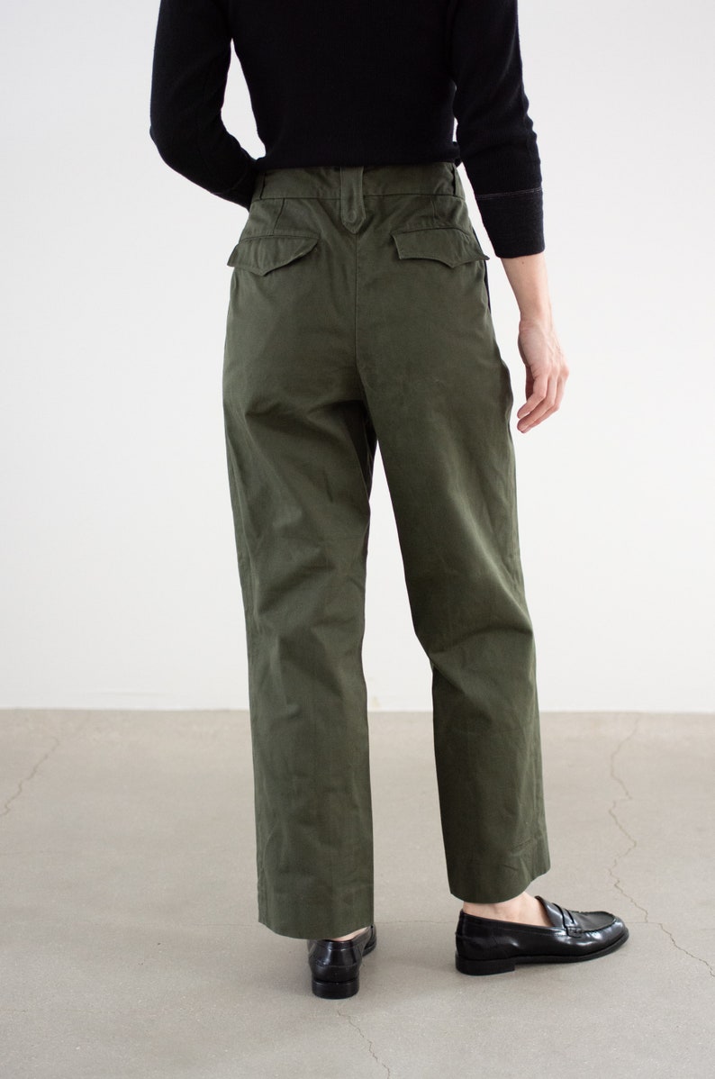 Vintage 28 29 30 Waist Olive Green Herringbone Twill Fatigues Unisex Portuguese Pleat Trousers Portugal Army Pants F526 image 8