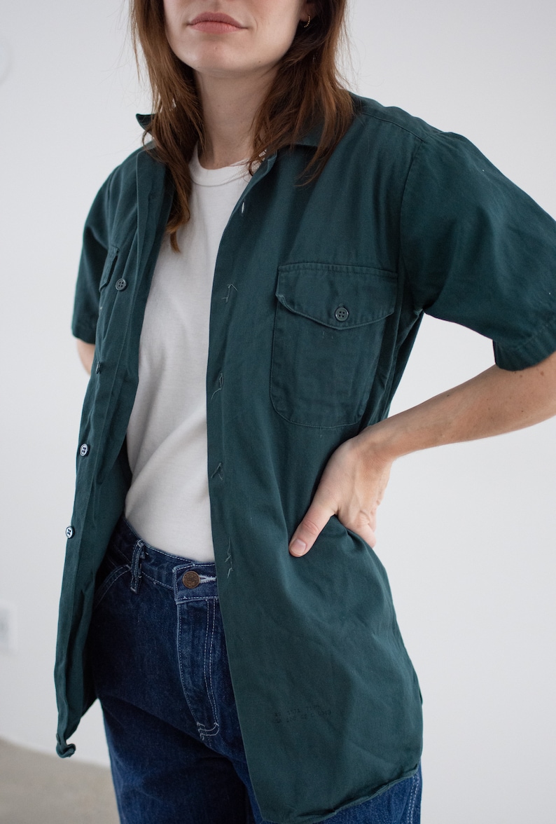 Vintage Dark Teal Short Sleeve Work Shirt Unisex Narrow 60s Cotton OverShirt Made in USA XS image 5