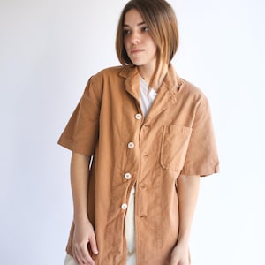 The Willet Shirt in Almond Brown | Vintage Unisex Overdye Short Sleeve Simple Cotton Work Shirt | S M