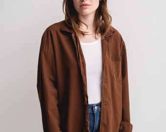 The Two Tone Potter Shirt in Chocolate | Vintage Long Sleeve Contrast Color Cotton Work Shirt | Wrapped Buttons Simple Blouse | M