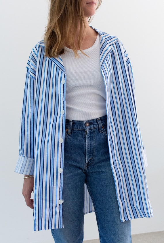 Vintage Blue White Striped Shirt Jacket Unisex Stri… Gem