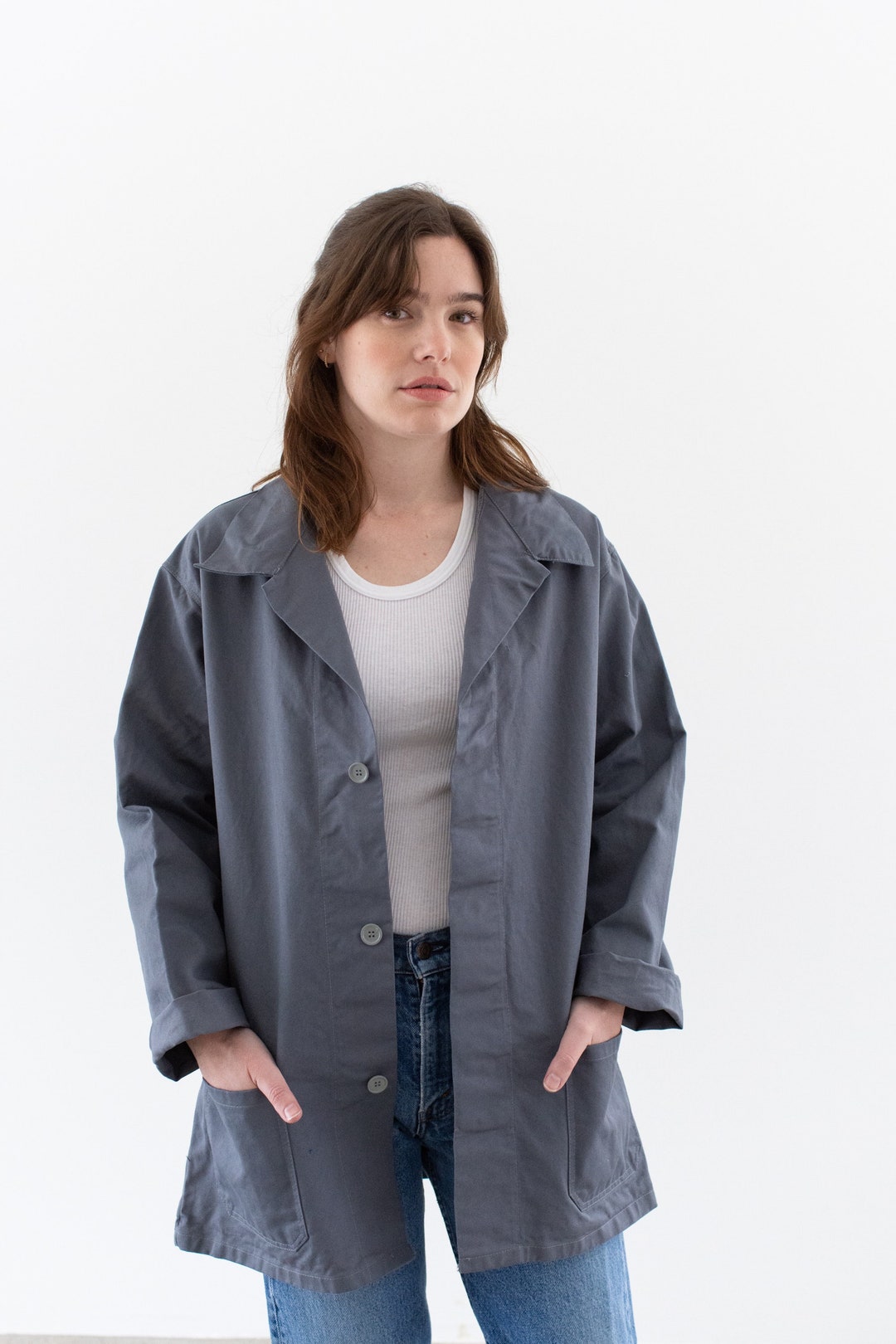 Vintage Grey Chore Coat Unisex Cotton Utility Work Jacket Made in Italy