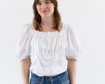Vintage White Cotton Puff Sleeve Shirt | Windowpane Square neck Romantic Folk Blouse | S |