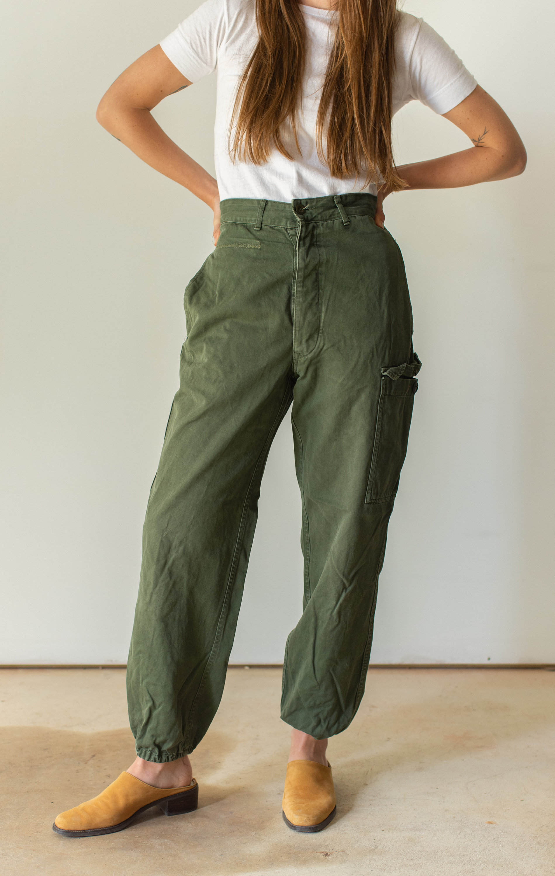 Vintage 27 Waist Olive Green Fatigues Cargo Trousers Army Pants AP131