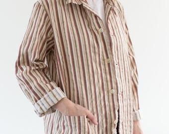 Vintage Tan Orange White Striped Shirt Jacket | Unisex Flannel Stripe Cotton Pajama Chore shirt | M L | SJ055