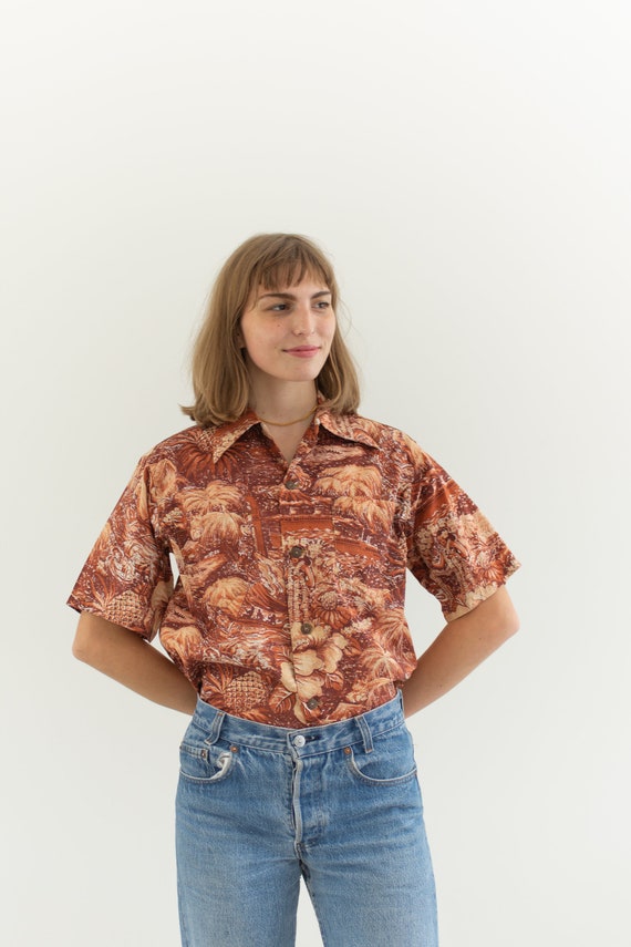 Vintage Rust Orange Tropical Print Short Sleeve Sh