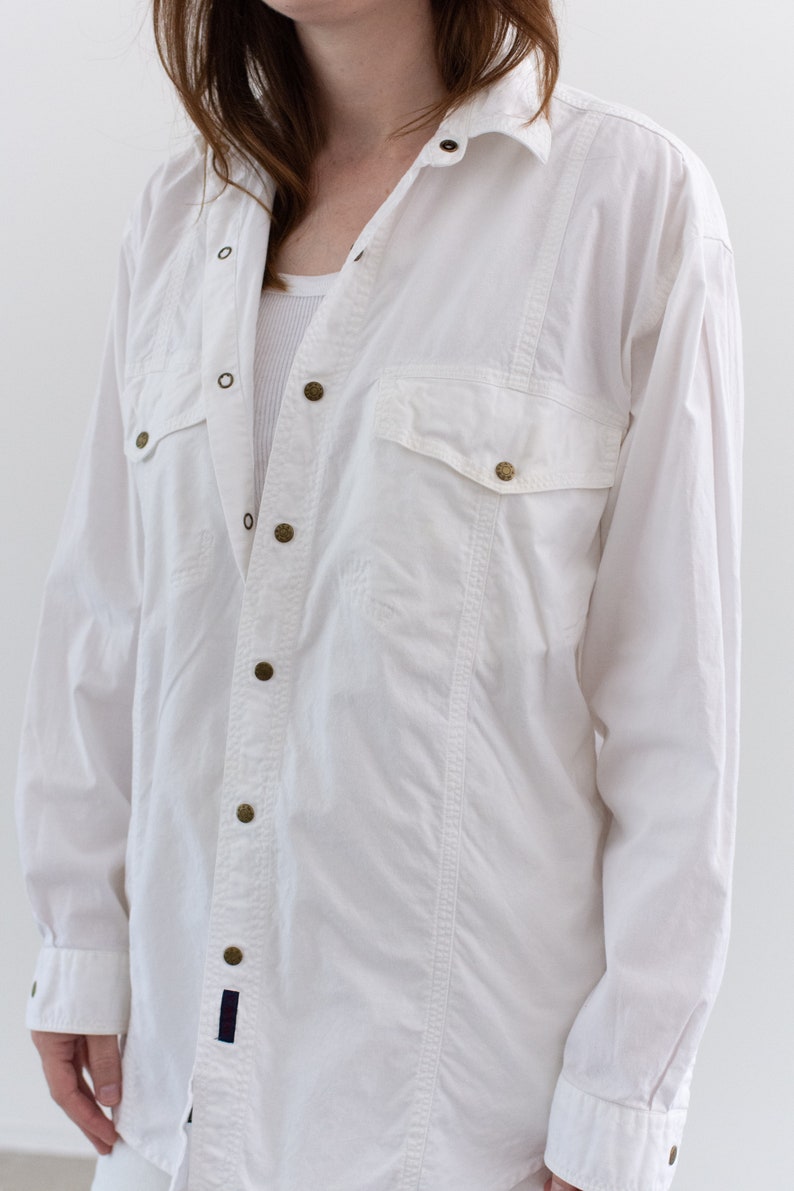 Vintage White Simple Oxford Snap Shirt 90s Cotton Work Blouse M image 3