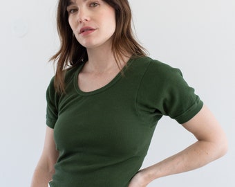 Het Berlin-T-shirt in bosgroen | Vintage geribbeld T-shirt | Geribbeld T-shirt | 100% katoen | XS S