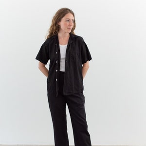 Vintage Black Short Sleeve Loop Collar Shirt Simple Overdye Cotton Work Blouse XS S M XL image 2