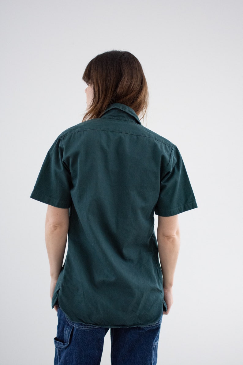 Vintage Dark Teal Short Sleeve Work Shirt Unisex Narrow 60s Cotton OverShirt Made in USA XS image 6