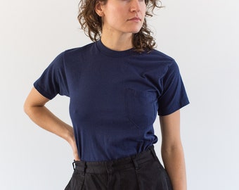 Vintage Navy Blue Pocket T-Shirt | Made in USA | 50 50 Crewneck Tee | XS |