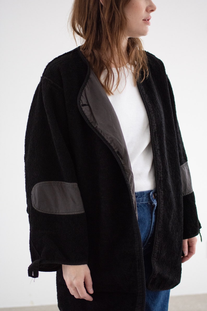Vintage Black Overdye Pile Long Liner Jacket Unisex 50s Terry Cloth Texture Coat Silky M L XL image 4