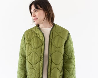 Vintage Acid Green Liner Jacket | Unisex Wavy Quilted Nylon Coat | S | LI259