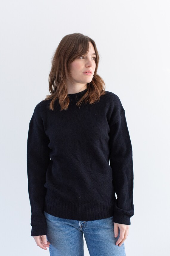 Vintage 50s Navy Blue Wool Sweater | Mock Neck Military Sweater 