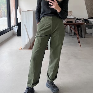 Vintage 29 Waist Army Pants Cotton Poly Utility Cargo Green Gardening Fatigues Made in USA F500 image 2