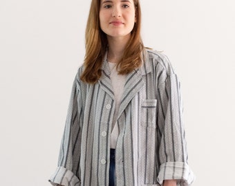 Vintage Grey White Striped Shirt Jacket | Unisex Stripe Cotton Pajama Chore shirt | M | SJ001