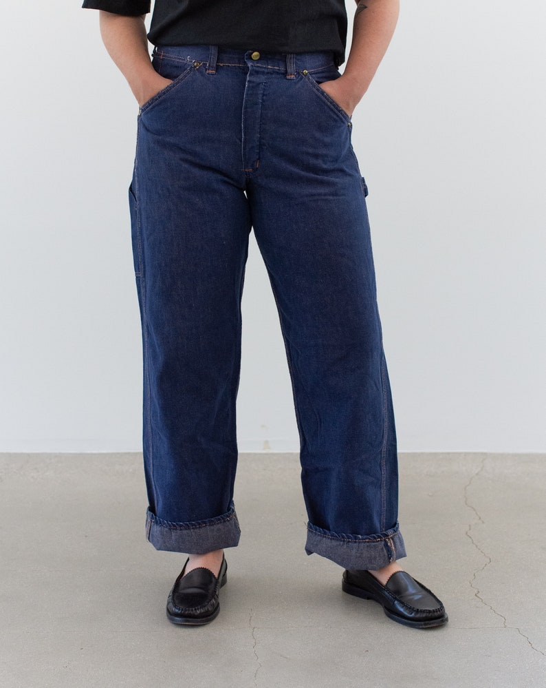 Vintage 31 32 Waist Dark Utility Denim Made in USA Jeans 70s High Waist Jean B1 image 4
