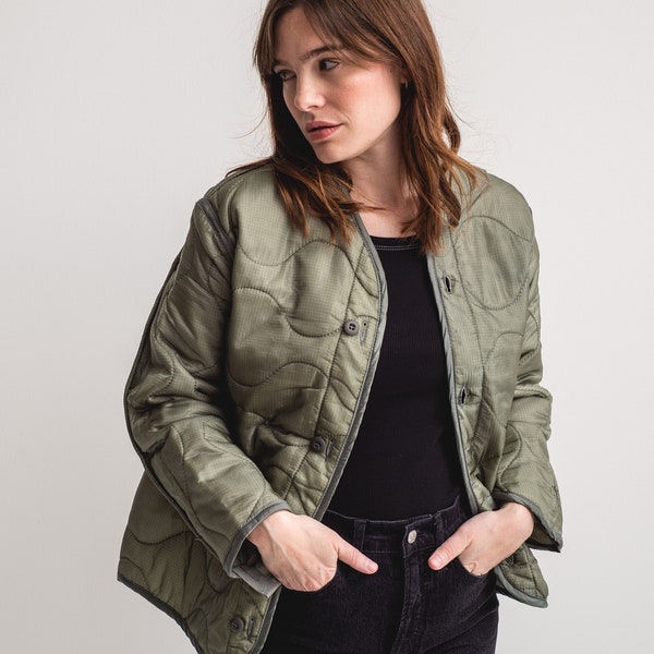 Vintage Slate Green Liner Jacket | Unisex Sage Wavy Quilted Nylon Coat | S |