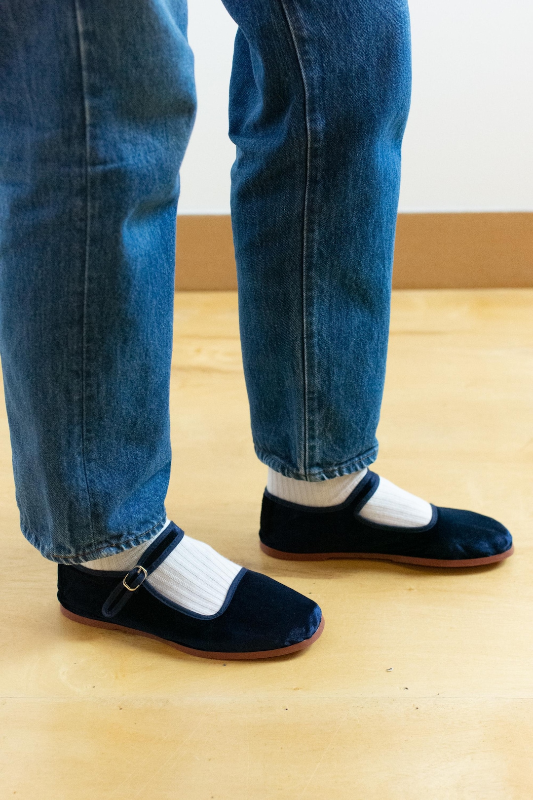 Navy Midnight Blue Velvet Mary Janes Made in China | Studio Flats