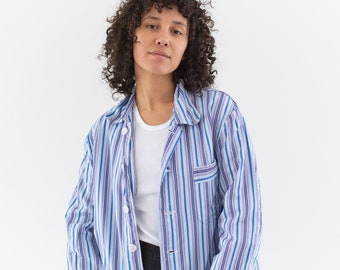 Vintage 60s Blue Striped Button Down Blouse | Stripe Cotton Pajama shirt | M |
