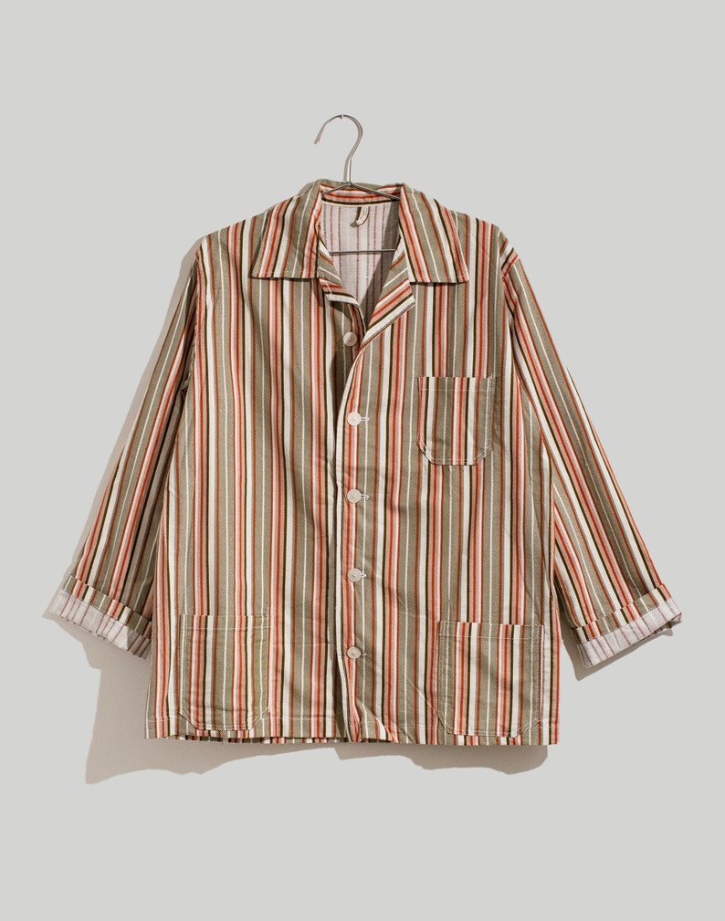 Vintage Green Orange White Striped Shirt Jacket Unisex Flannel Stripe Cotton Pajama Chore shirt M L SJ002 image 7