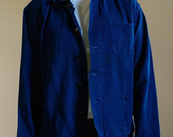 Vintage blauwe werkhemd/jas | Unisex kobaltblauwe katoenen werkkleding | Friendship Made in China | L | J160