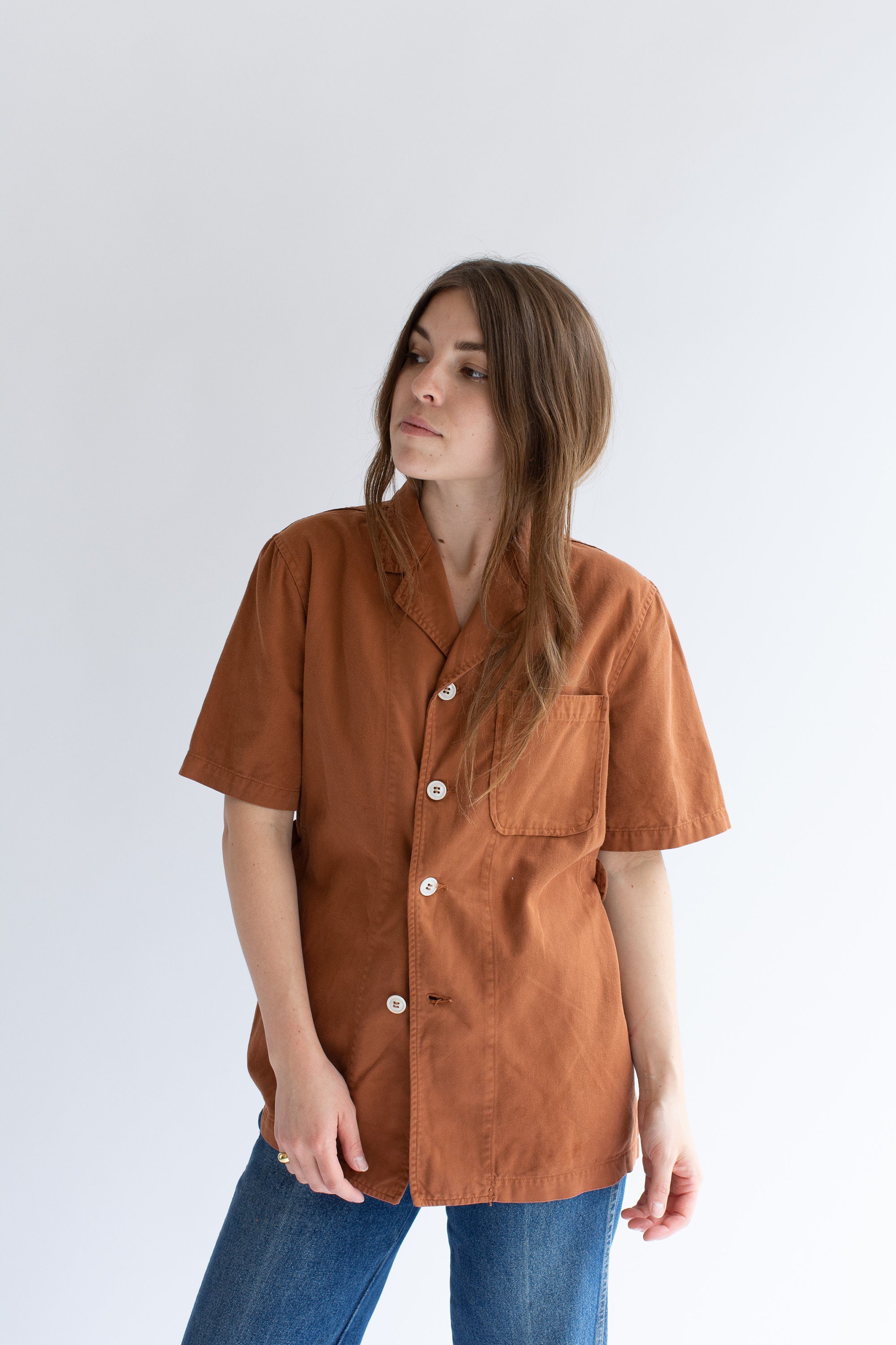 Vintage Overdye Rust Button Up Shirt Waist Cinch Short Sleeve Work