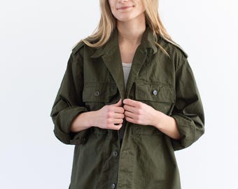Vintage Green Herringbone Twill Army Jacket | 70s Dutch Unisex HBT Painter Cotton OverShirt | S M L | HBT5