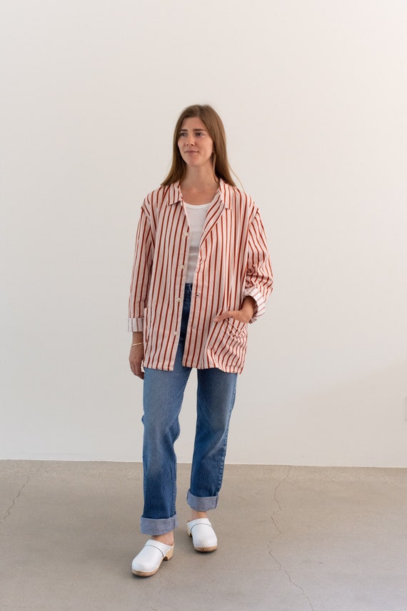 Vintage Rust Red Striped Shirt Jacket | Unisex Str